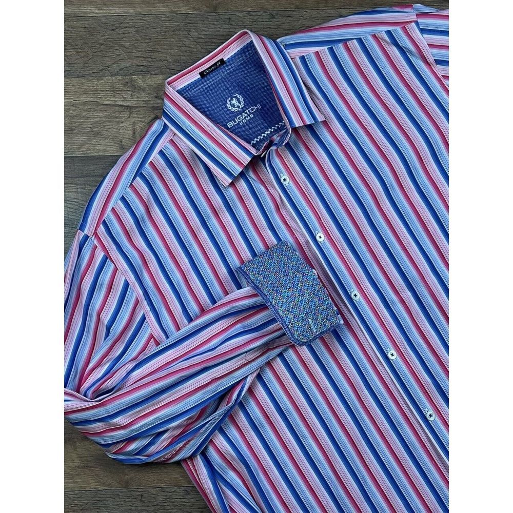 Bugatchi Pink White Blue Flip Cuff Button Down Long Sleeved‎ Shirt Size XL